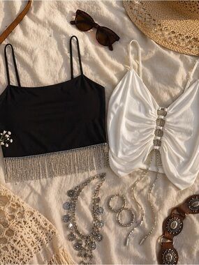 XL Festival Crop Top Bundle Fringe & Lace Up Coachella Y2K Diamonds